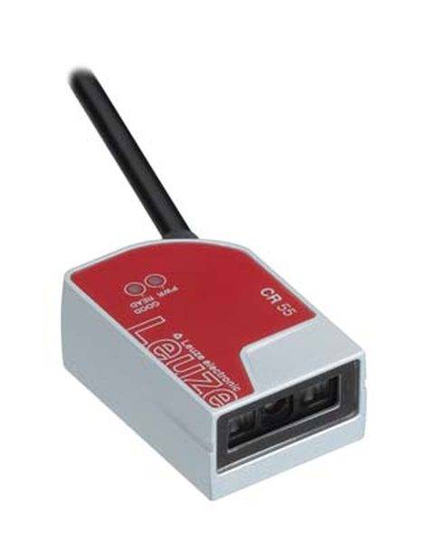 Ein kompakter optischer Sensor von Leuze mit rotem und weißem Gehäuse, verbunden mit einem Kabel, wahrscheinlich zur Objekterkennung.