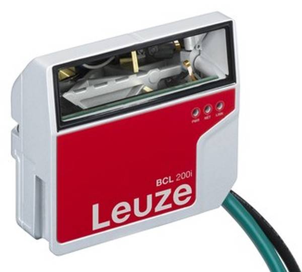 Barcodescanner mit rotem Gehäuse, Marke Leuze, Modell 'BCL 200i'. Er dient zur Identifikation und Erfassung von Barcodes in einem industriellen Umfeld.
