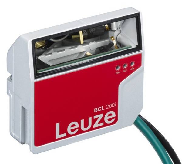 Ein rotes und weißes Barcodelesegerät mit der Aufschrift 'Leuze BCL 200i', zeigt die Vorderseite mit drei LEDs und einem Datenkabel.