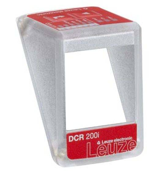 Ein transparenter Abdeckrahmen eines Leuze DCR 200i Scanners mit rotem Aufkleber und weißem Logo ist zu sehen.