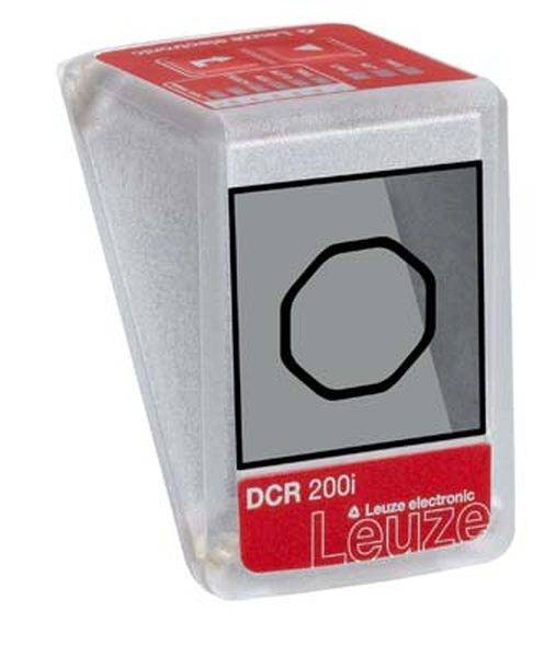 Ein DCR 200i Barcode-Leser von Leuze mit rotem Gehäusedeckel, geeignet für industrielle Anwendungen.