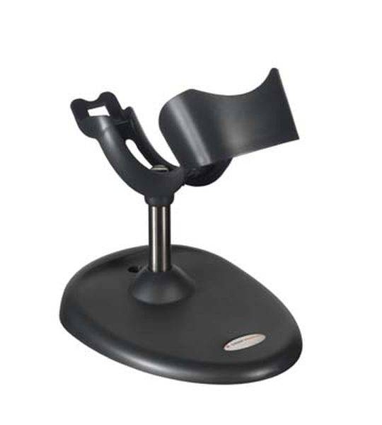 Ein schwarzer Barcodescanner-Ständer mit einer gebogenen Halterung auf einem festen Sockel, geeignet zur Aufnahme eines Handscanners.