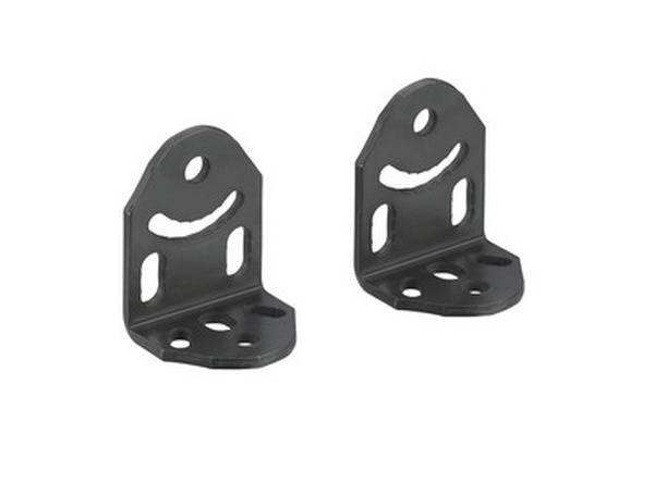 Zwei schwarze, L-förmige Metallwinkel mit mehreren Befestigungslöchern, oft zur Stabilisierung von Regalen oder Möbeln verwendet.