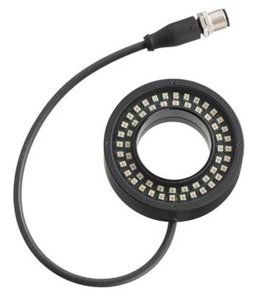 Ein kreisförmiges LED-Lichtmodul mit Kabelanschluss, genutzt zur Beleuchtung von Maschinen oder Werkstücken, schwarz umrandet.