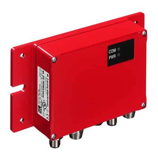 Ein rotes, rechteckiges Gerät mit zwei Leuchten, beschriftet mit 'COM' und 'PWR'. An der Seite sind mehrere Kabelanschlüsse zu sehen.