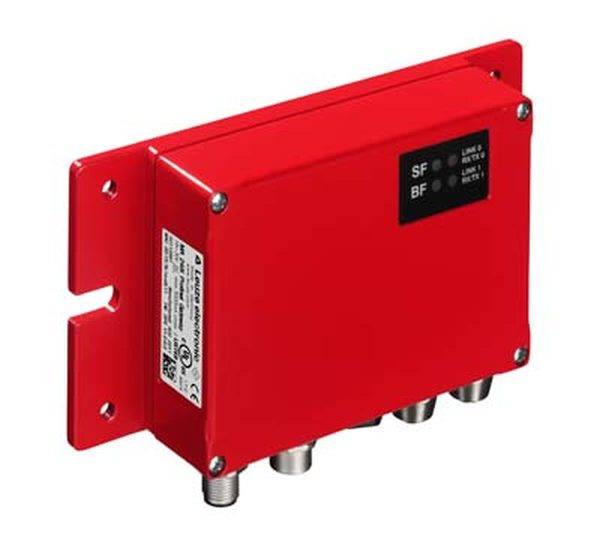 Rotes elektronisches Gerät mit mehreren Anschlüssen, montierbar. Verwendung in industriellen Anwendungen zur Steuerung und Sicherheit.