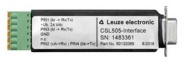 Netzwerkadapter von Leuze electronic, Modell CSL505-Interface. Anschlüsse, Spannungsangabe, und Seriennummer sichtbar.