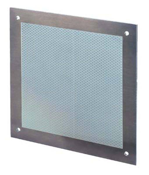 Metallgitterplatte mit quadratischem Rahmen und feinem wabenförmigem Muster. Montierbar mit vier Bohrlöchern in den Ecken.