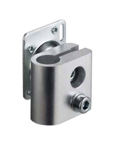 Metallbeschlag mit Schraube und Platte, oft zur Verbindung von Rohren oder Konstruktionselementen verwendet.