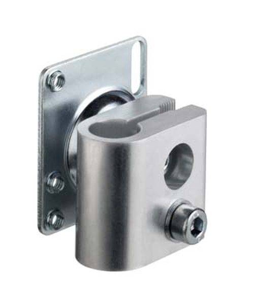 Metall-Halterung mit Schraube, die an einer rechteckigen Platte befestigt ist. Die Halterung hat ein zylindrisches Design mit einem Loch.