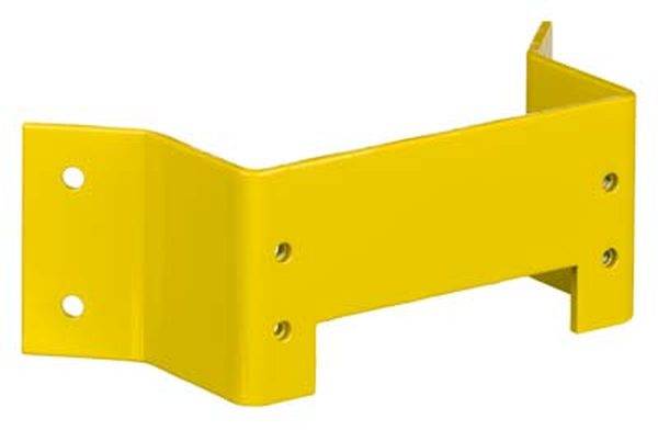 Ein gelbes Metallbefestigungselement mit vier Schraubenlöchern, rechteckige Form mit einer Aussparung auf einer Seite.