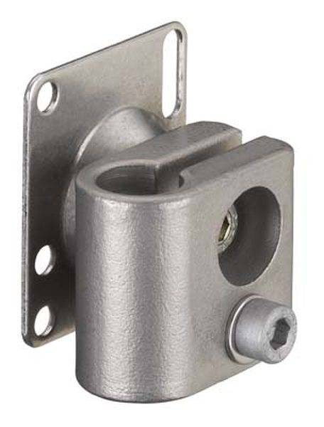 Metallische Halterung mit rechteckiger Grundplatte und runder Klemme, geeignet für Montagezwecke an Flächen oder Strukturen.