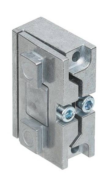 Metallisches Verbindungselement mit zwei Schrauben, rechteckiger Form und mehreren Aussparungen, für technische Anwendungen.