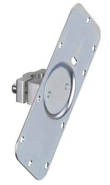 Metallplatte mit mehreren Bohrlöchern und mittigem Aufsatz, seitlich eine Halterung befestigt. Einsatz für mechanische Montagen.