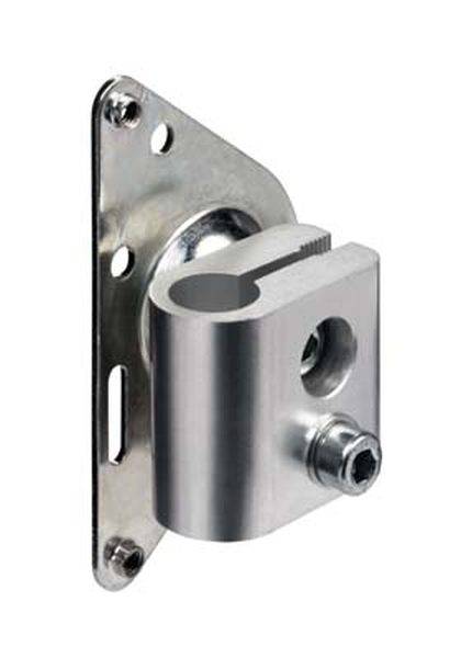 Metallwinkelhalterung mit zylindrischem Befestigungselement, geeignet für die Montage an flachen Oberflächen.