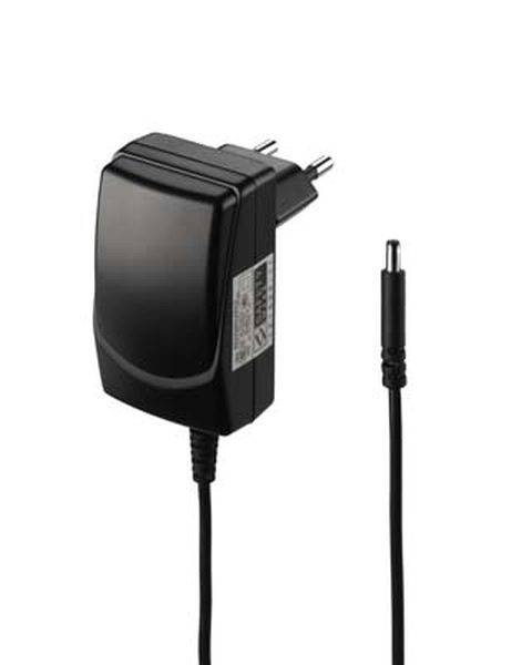 Schwarzes Netzteil mit europäischen Steckern und langem Kabel. Geeignet für Elektronikgeräte.