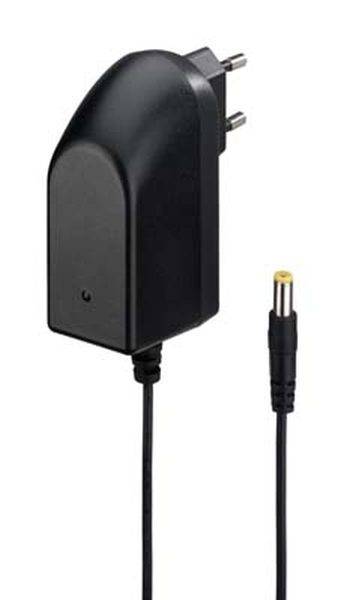 Schwarzes Netzteil mit EU-Stecker und einem Kabel, das in einen gelb umrandeten Stecker mündet, geeignet für elektronische Geräte.