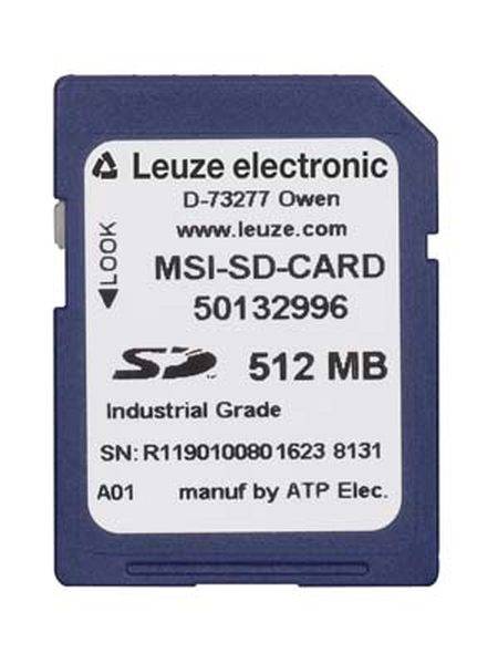 Eine blaue Speicherkarte mit der Aufschrift 'Leuze electronic, MSI-SD-CARD, 512 MB, Industrial Grade'.