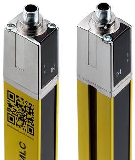 Zwei metallische, rechteckige Sicherheitssensoren mit gelben Basen, die QR-Codes und zylindrische Anschlüsse oben aufweisen, für die industrielle Verwendung konzipiert.