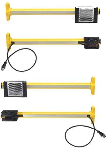 Vier gelbe Stangen mit rechteckigen Enden. Oben zwei mit reflektierenden Flächen, unten zwei mit technischen Geräten angebracht.