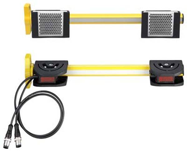 Zwei gelbe Sicherheitssensoren mit Steckverbindungen und Gitterabdeckungen, gezeigt von vorne und mit Kabelansicht.
