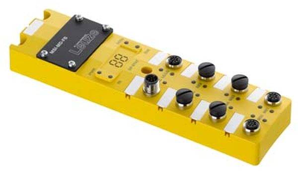 Gelbes Automatisierungsgerät mit mehreren Knöpfen und digitalem Display, verwendet in industriellen Anwendungen für Steuerungssysteme.