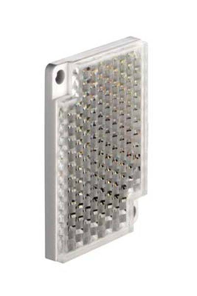 Kleines rechteckiges, transparentes Reflektor-Objekt mit wabenförmiger Oberfläche, vermutlich zur Verstärkung von Lichtstrahlen.