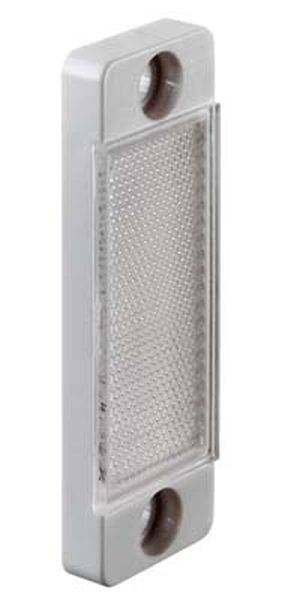 Rechteckiger, reflektierender weißer Kunststoffreflektor mit Wabenstruktur und zwei Befestigungslöchern an den Enden.