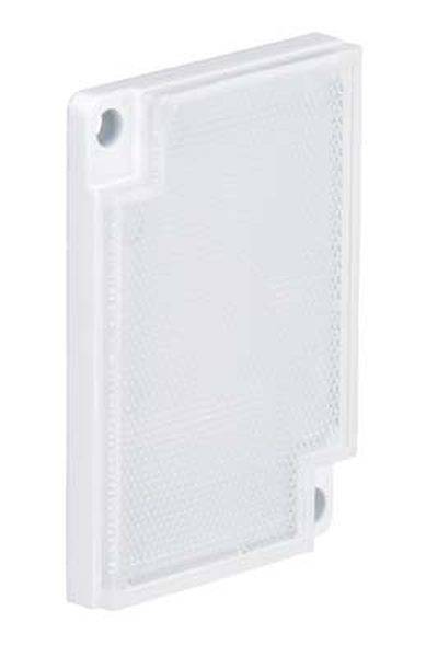 Ein rechteckiger, weißer Reflektor mit abgerundeten Ecken und zwei Löchern zur Befestigung.