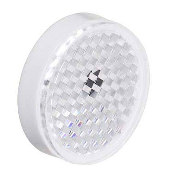 Ein runder, weißer Reflektor mit einer facettierten Oberfläche zur Lichtreflexion, meist zur Sicherheit an Fahrrädern oder Fahrzeugen.