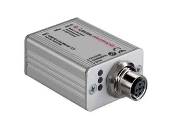 Metallisches elektrisches Gerät mit Anschlussbuchse und LED-Anzeigen. Aufschrift 'Leuze electronic'.