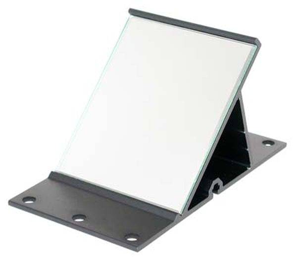 Süda LED-Kontrollspiegel, rechteckig, auf schwarzem Metallständer, zeigt Lichtreflexion auf der Spiegeloberfläche.