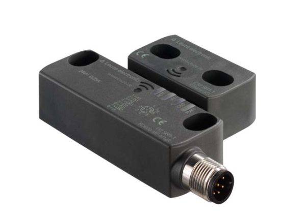 Ein drahtloser Sensor mit rechteckiger Form und Steckverbindung, geeignet für industrielle Anwendungen. Hergestellt von Coded-Magnetica.