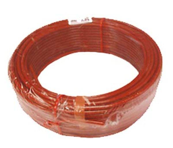 Rolle aus rotem Draht, in Kunststoff verpackt.