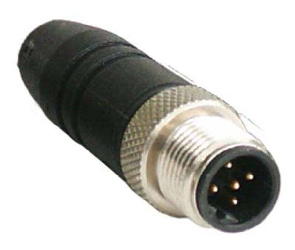 'Schwarzer Stecker mit Metallgewinde und mehreren Metallpins'; verwendet für elektrische oder elektronische Verbindungen.