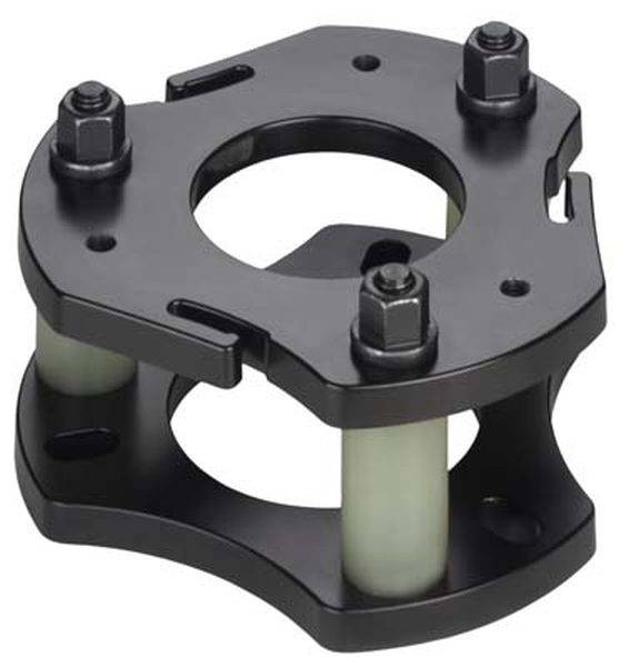 Eine schwarze mechanische Halterung mit vier Schrauben und zwei vertikalen Stützelementen.