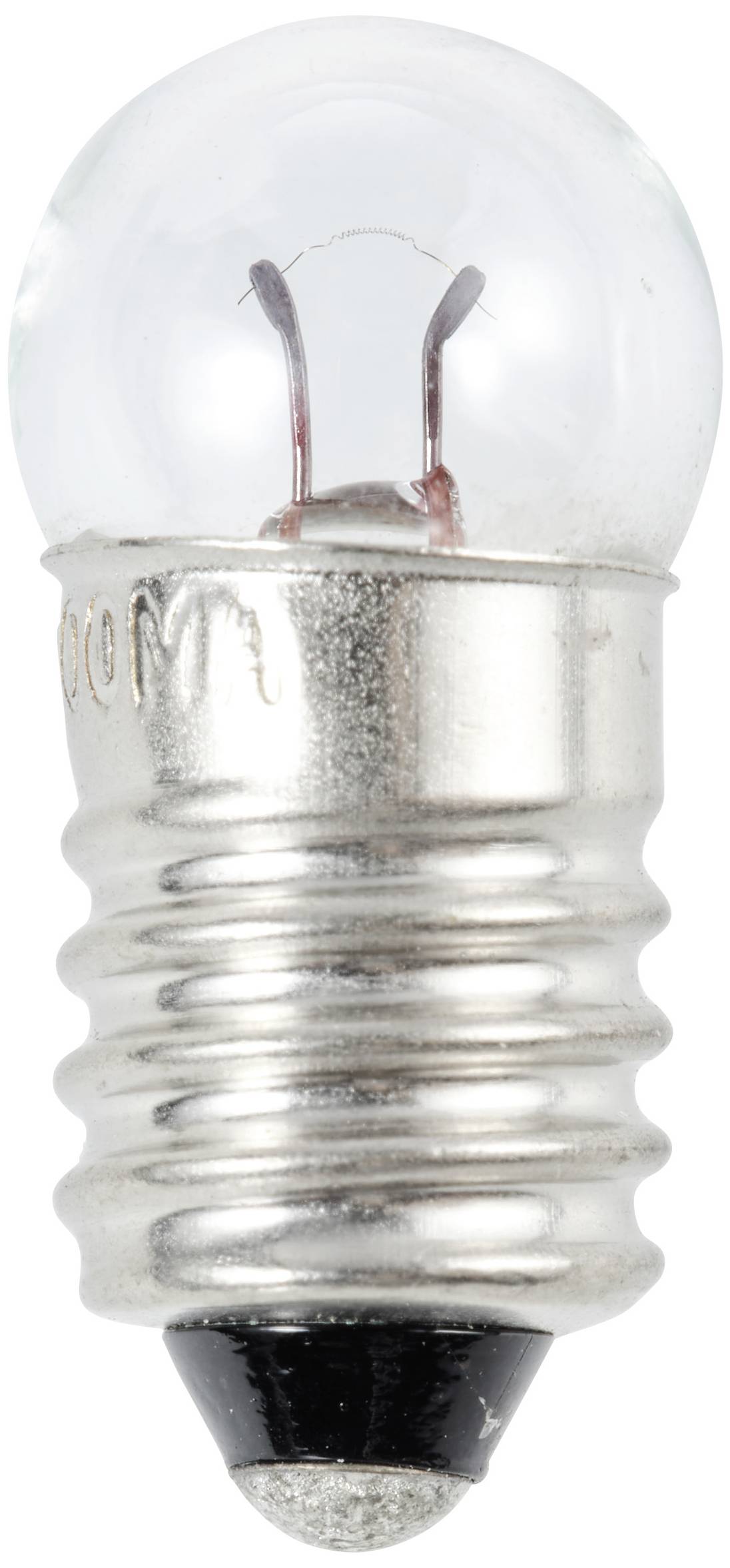 Eine kleine Glühbirne mit Metallfassung und klarer Glasabdeckung.