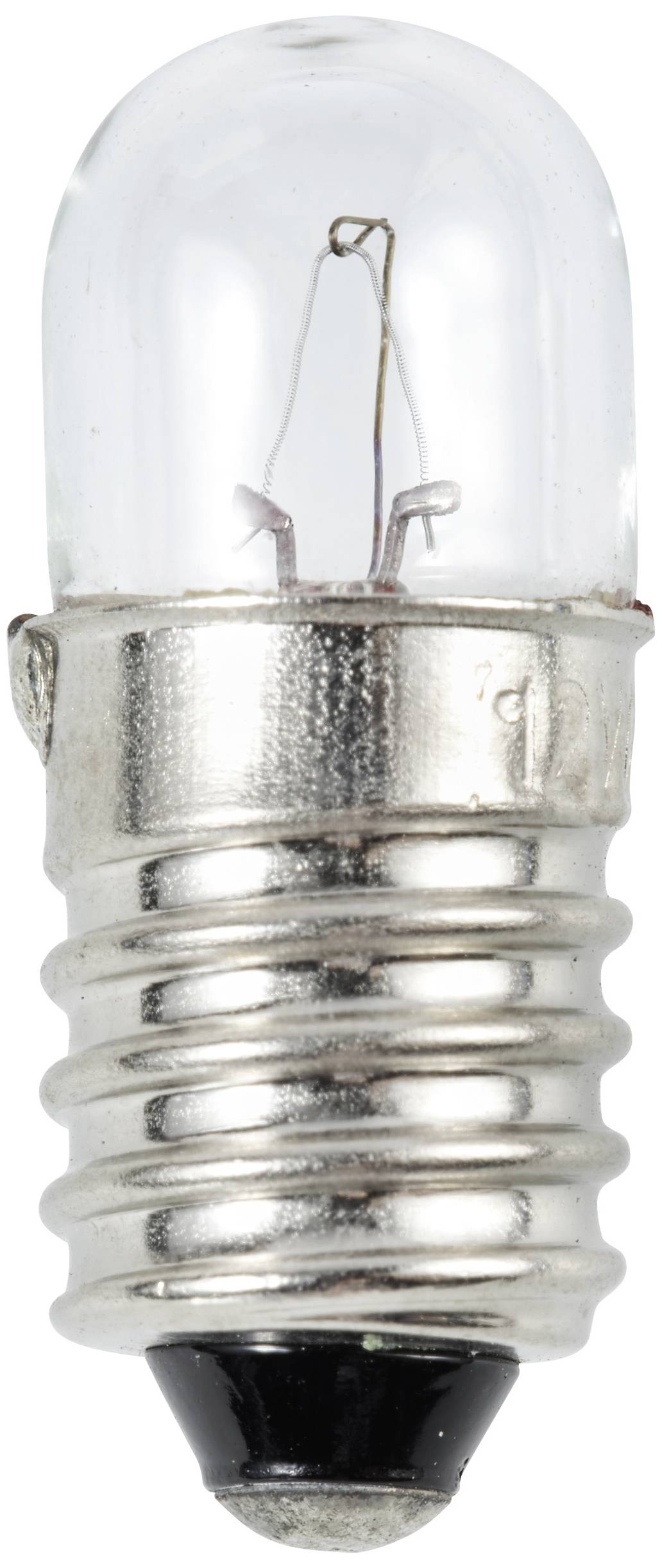 Eine kleine Glühbirne mit Metalldrehfassung und klarem Glasgehäuse, sichtbar sind der Glühfaden und die äußere Struktur.