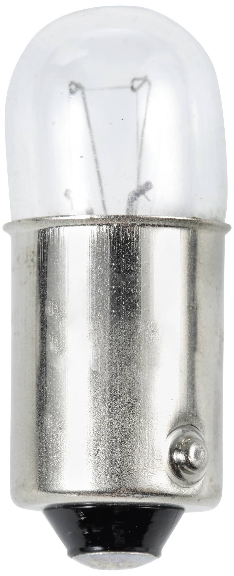 Eine kleine, klare Glühbirne mit Metallfassung und sichtbarem Glühfaden.