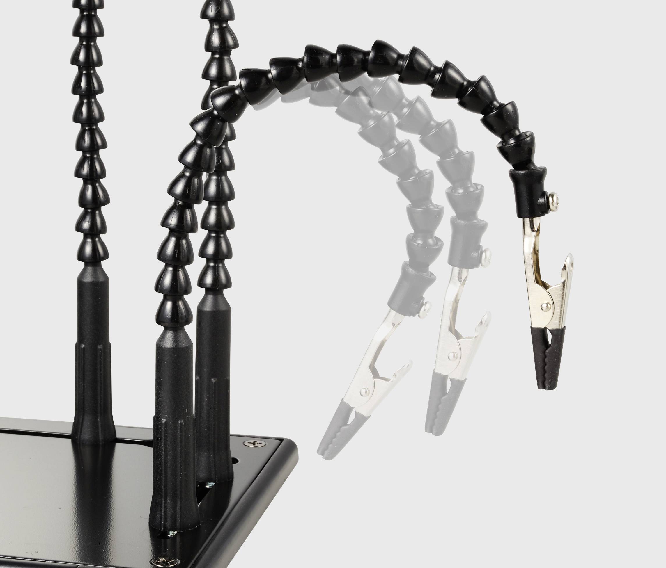 Zwei flexible Greifarme mit Krokodilklemmen an einem stabilen Standfuß, geeignet zum sicheren Halten kleiner Objekte für Arbeiten.