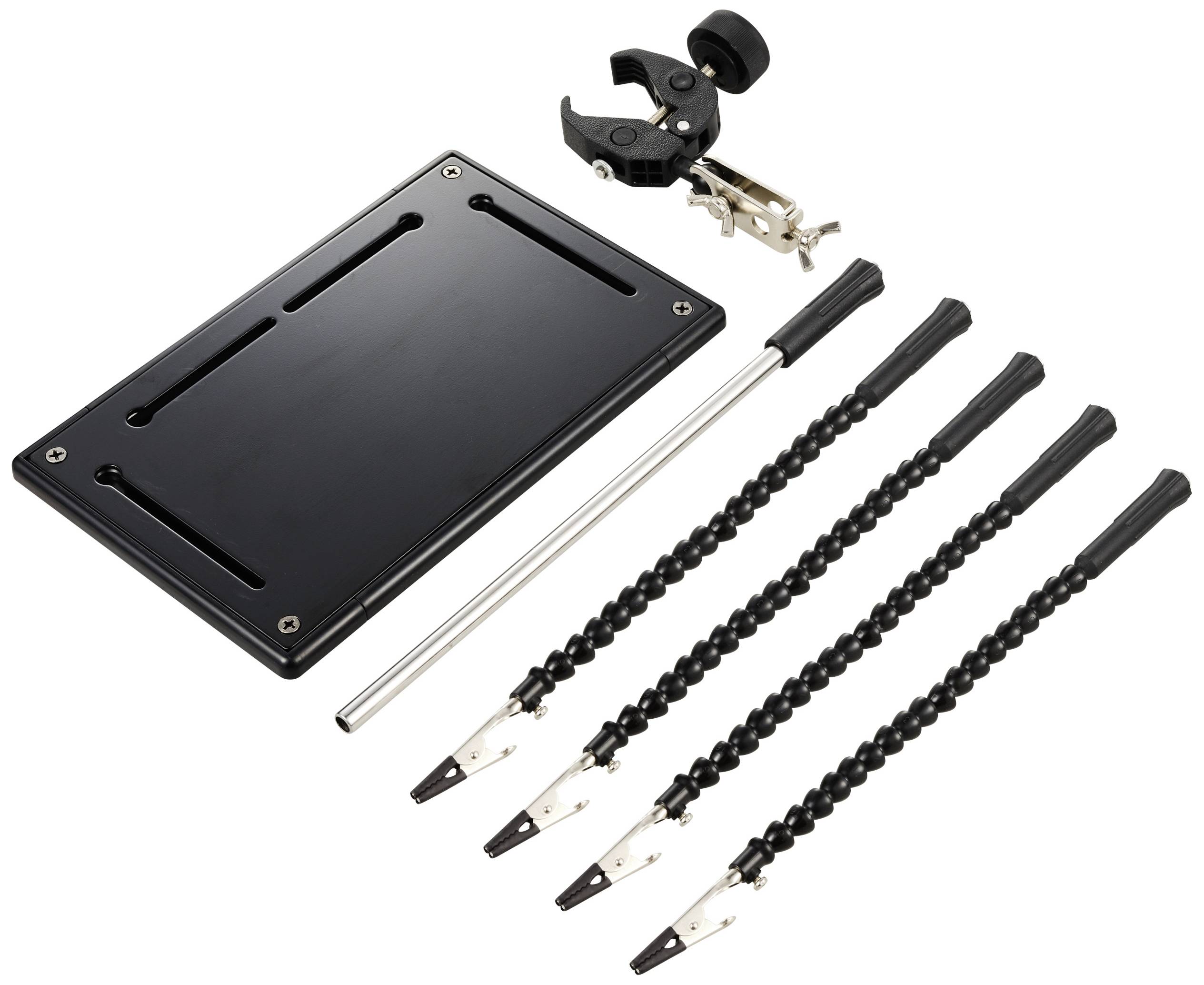 Das Bild zeigt eine Lötstation mit flexiblen Armen und Klemmen zur Befestigung von Werkstücken, ideal für präzise Arbeiten.