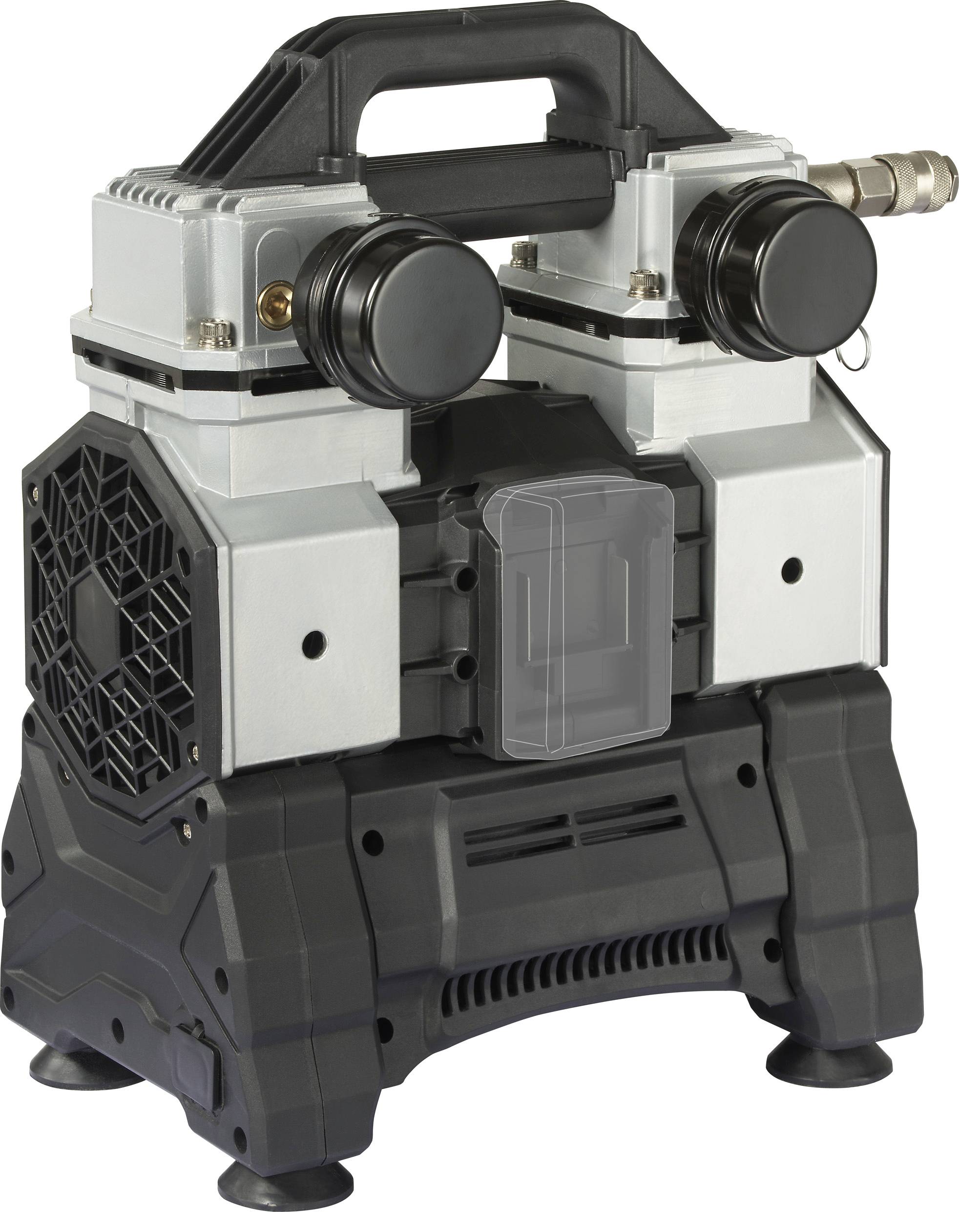 Kleiner, tragbarer elektrischer Kompressor mit robustem Griff, Metallrahmen, zwei Zylindern und schwarzem Plastikunterbau.