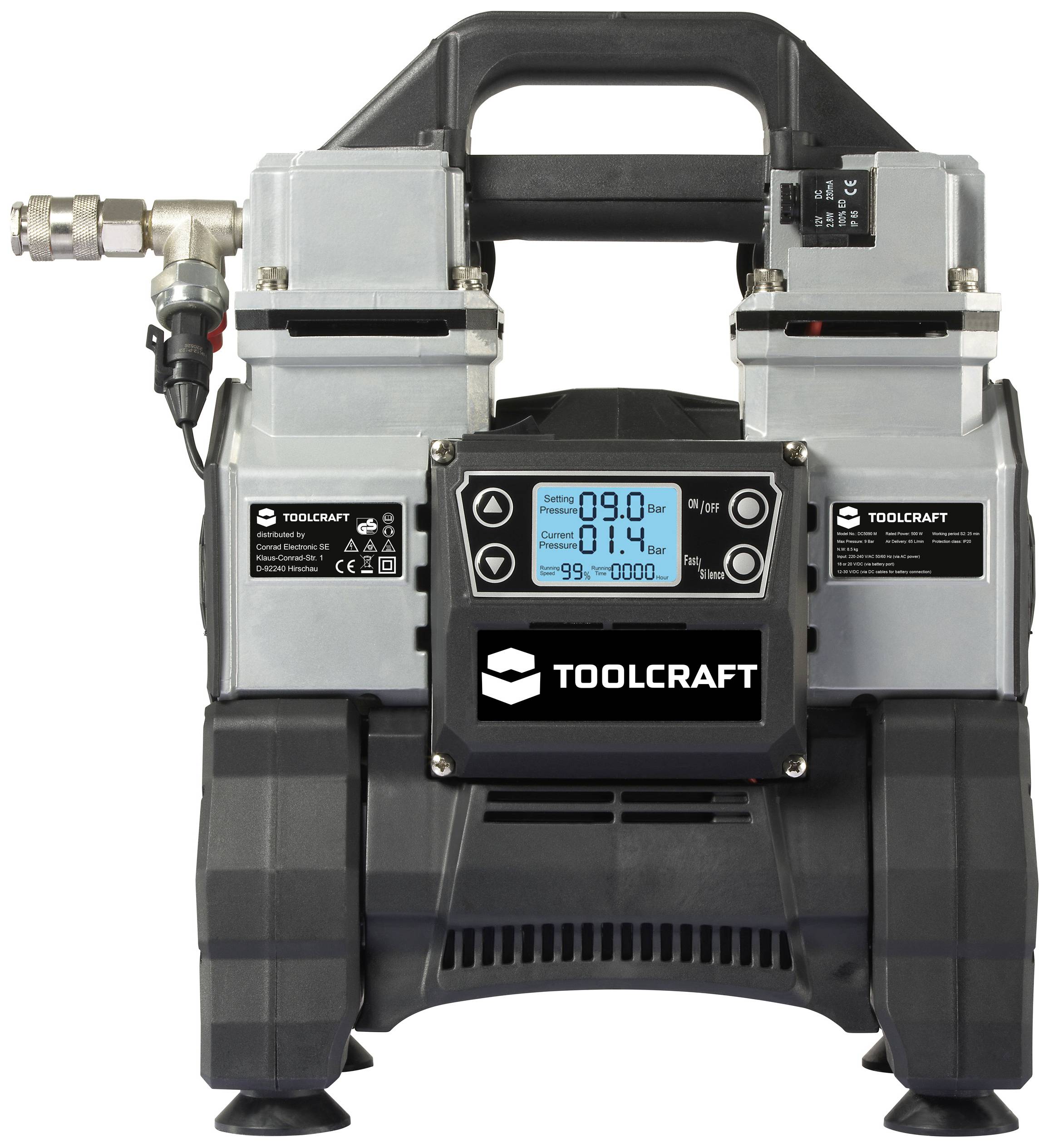 Digitale Vakuumpumpe mit Display, zeigt '09.9' und '0.14'. Zwei Anschlüsse oben. Markenname 'TOOLCRAFT' prominent vorne.