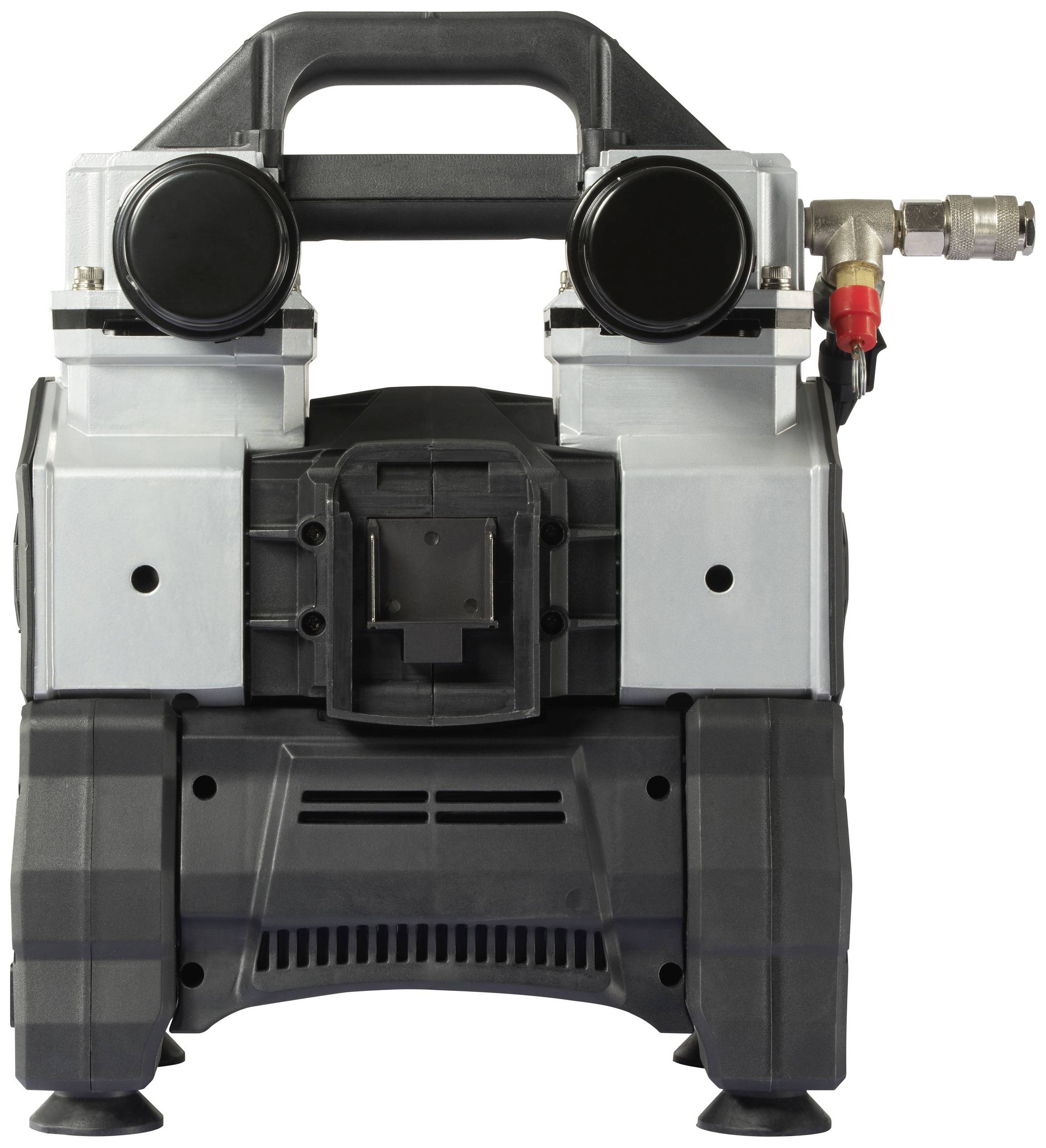 Ein tragbarer Kompressor mit zwei Zylindern, schwarzem Griff und Anschlüssen an der Seite, geeignet für handwerkliche Anwendungen.