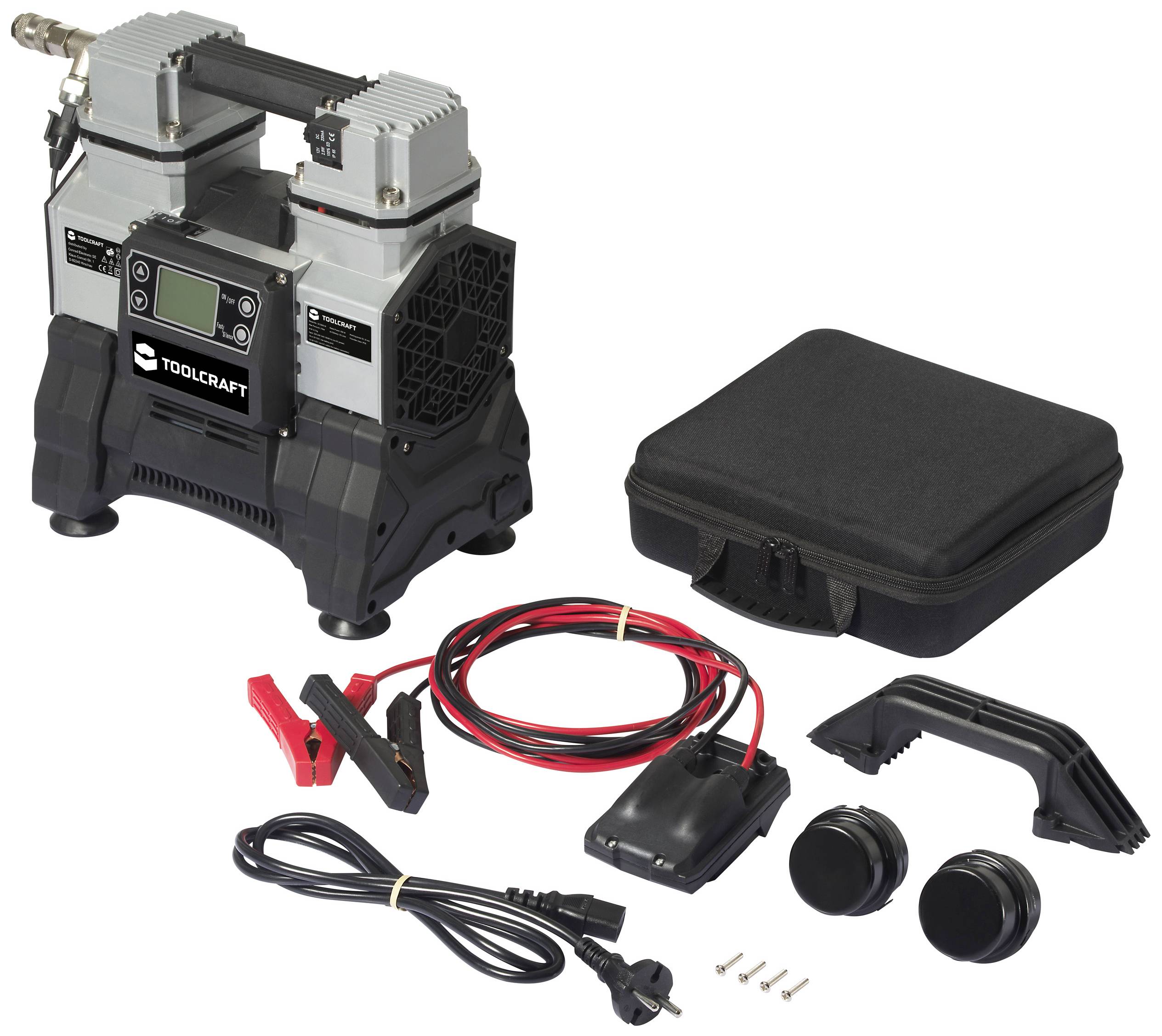 Elektrischer Kompressor mit Zubehör und Tragetasche, geeignet zum Aufpumpen von Reifen oder Sportgeräten.