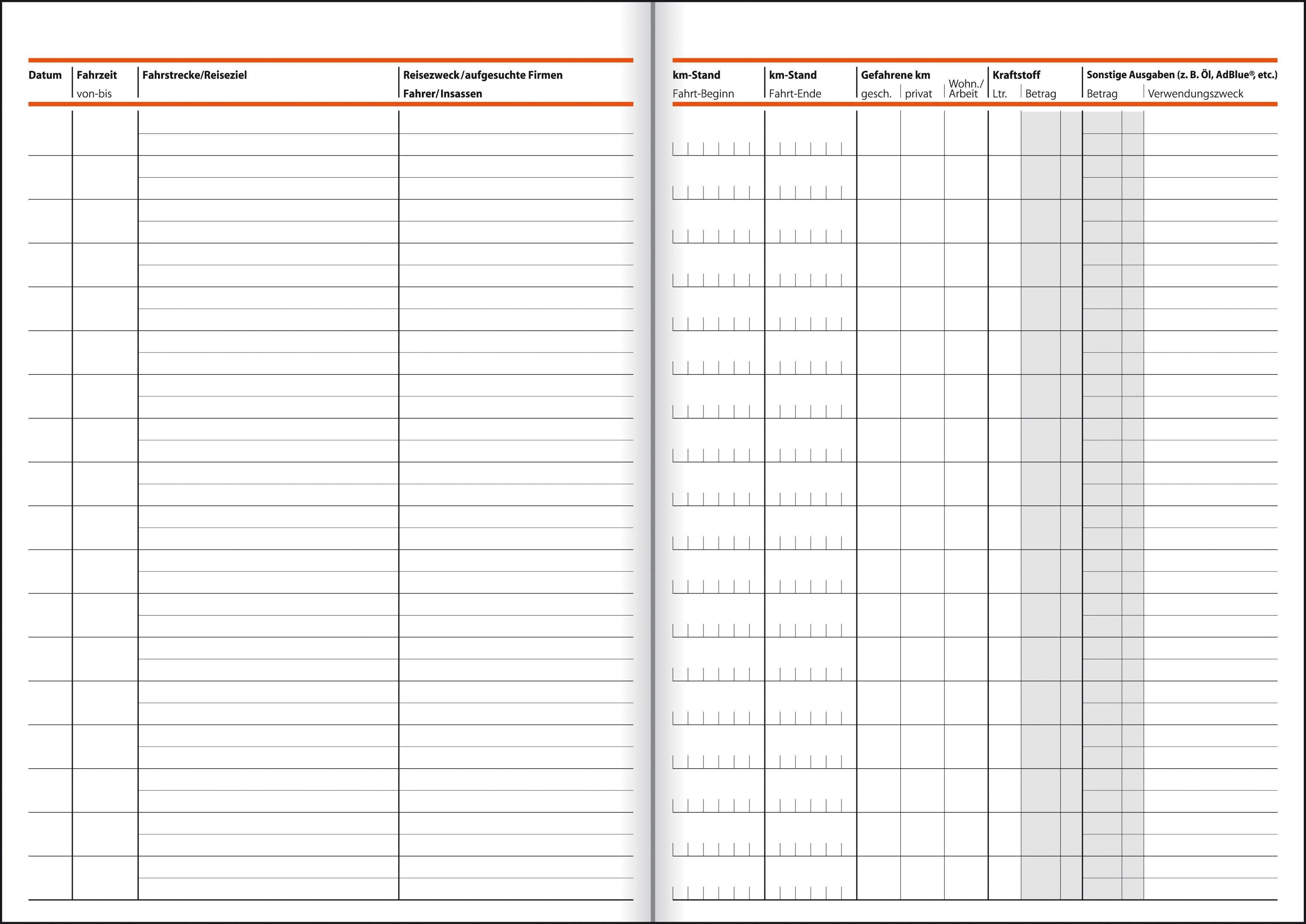 Tabelle für Fahrtenbuch: Spalten für Datum, Fahrtziel, Zweck, Kilometerstand, Zeit, Fahrzeugstand und weitere Anmerkungen.