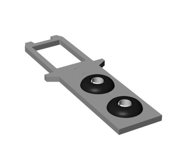 Metallischer Flaschenöffner mit schwarzem Gummigriff und zwei Öffnungsschlitzen.