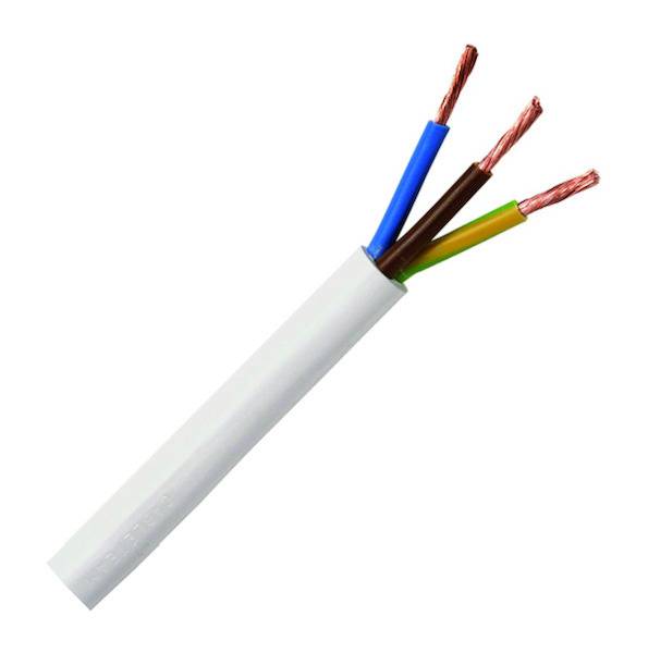 Ein Kabel mit vier offenen Kupferdrähten in einem weißen Mantel, geeignet für elektrische Installationen. Drähte in Blau, Braun und Gelb-Grün.