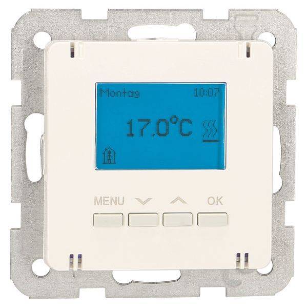 Digitales Thermostat an einer Wand, zeigt 'Montag', Uhrzeit '10:07', Temperatur '17,0°C'. Tasten darunter: 'MENU', Pfeil hoch/runter, 'OK'.