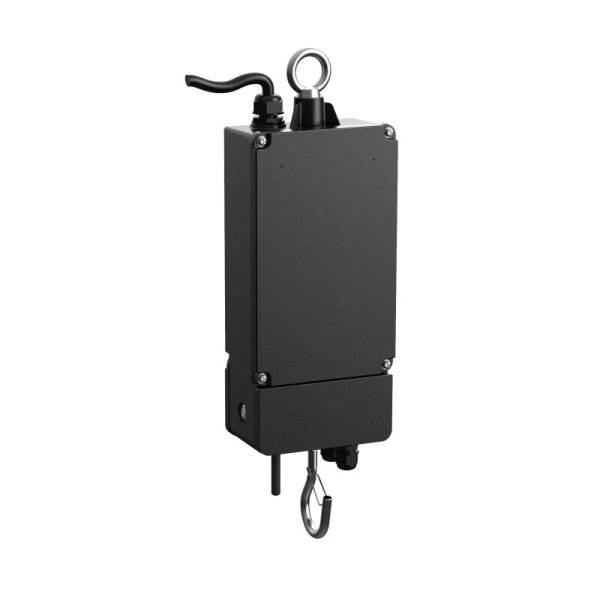 Metallischer Haken mit Öse und Griff an einer schwarzen rechteckigen Box, die für die industrielle Befestigung oder das Heben genutzt wird.